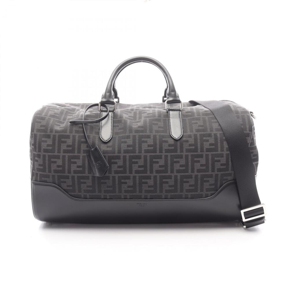 Fendi FF Jacquard Duffle Bag Boston Canvas Leather Gray Black